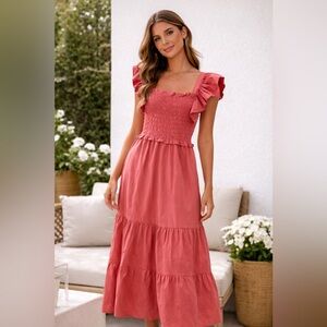 Sea New York Pink Coral tiered Midi Dress Smocked Ruffle Cottagecore Tiered S
